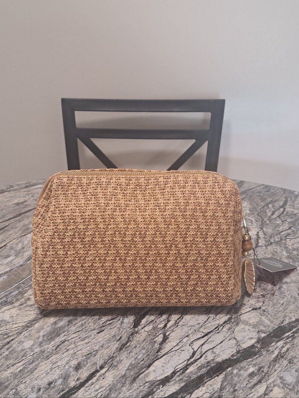 Vince Camuto Woven Tan Cosmetic Case with Gold Charm - Picture 3 of 4